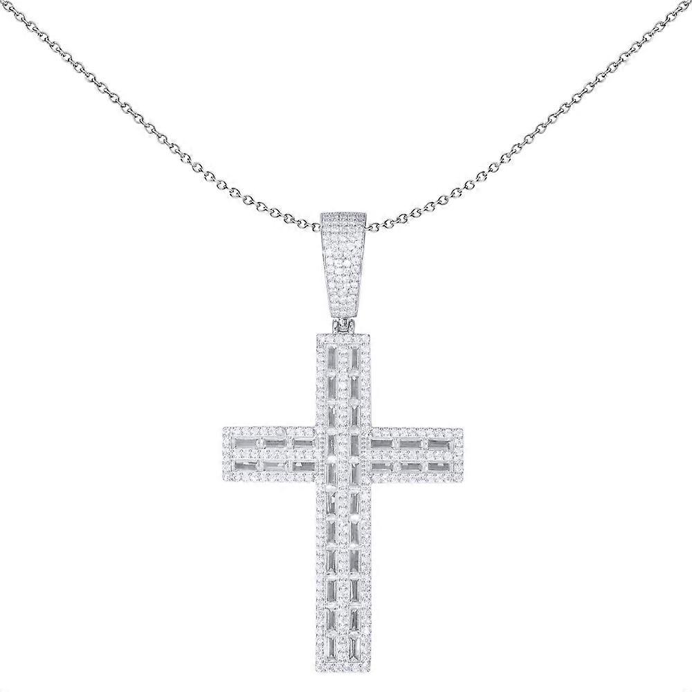 Jewelco London Rhodium Silver White Baguette CZ Crossroads Columns Encrusted Cross Pendant 1oz