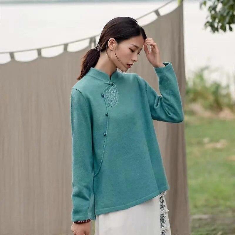 Johnature Women Chinese Style Pullover Sweaters Solid Color Knitted Clothes Spring Long Sleeve Stand Long Sleeve Sweaters