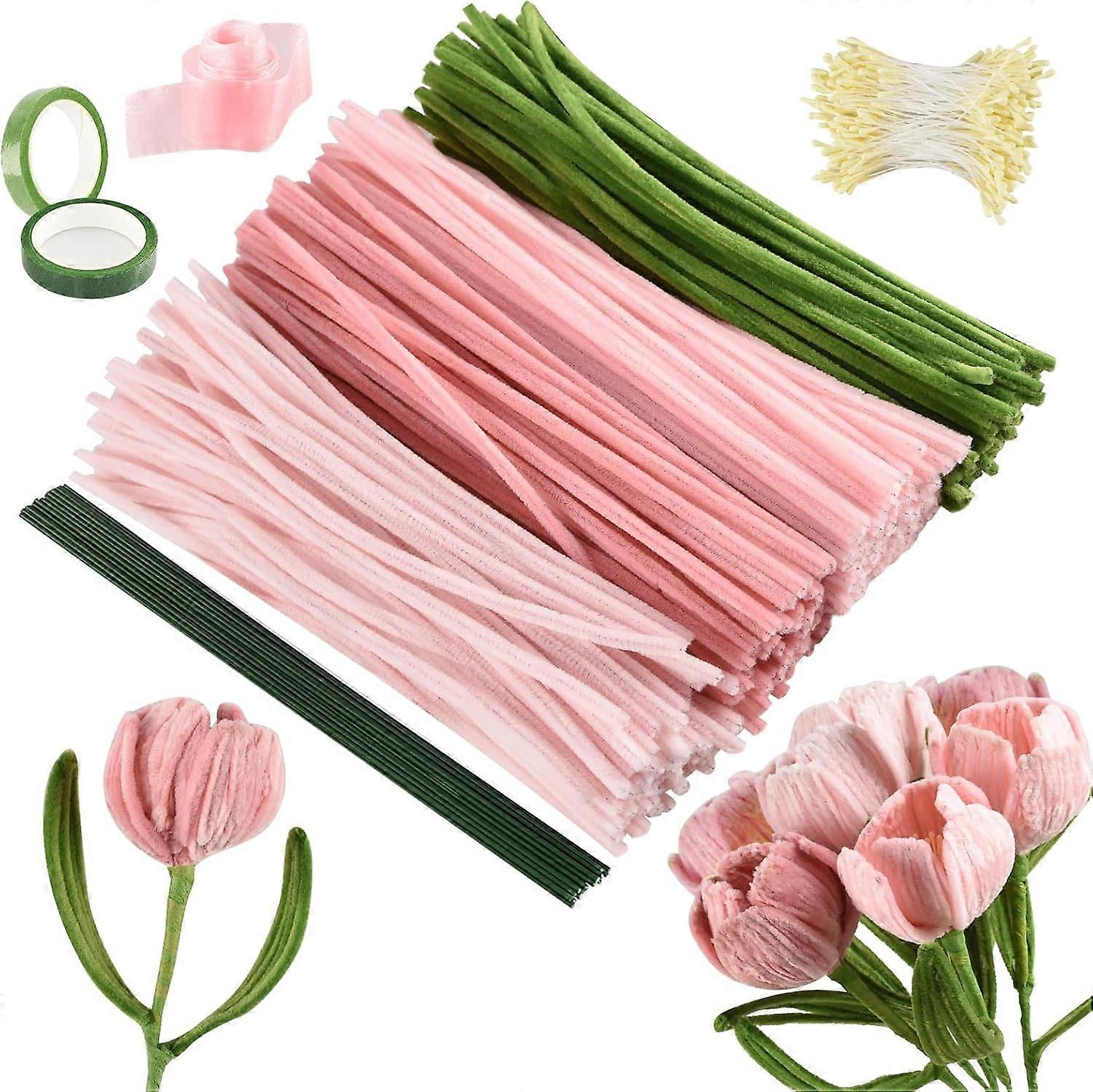 Cleaners Flower Set, with Flower Wire, Ribbon, Flower Stamen for Bouquet DIY, Pink
