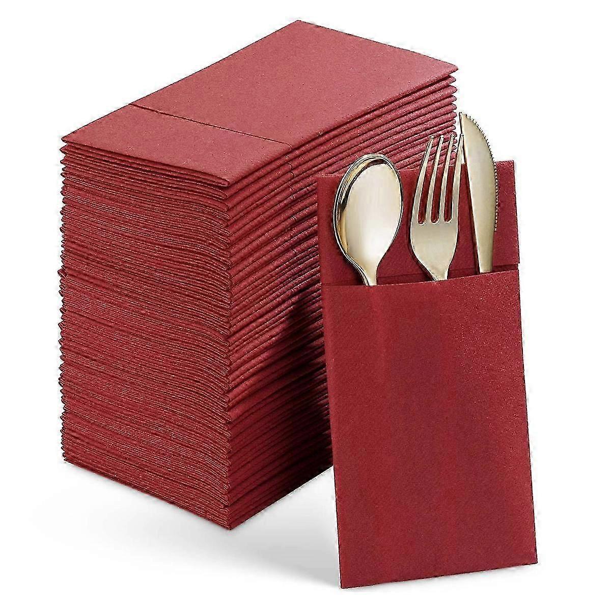 50PCS Disposable Dinner Napkins with Built-in Flatware Pocket,Prefolded Cloth Like Paper Napkins for Wedding Party Red JN