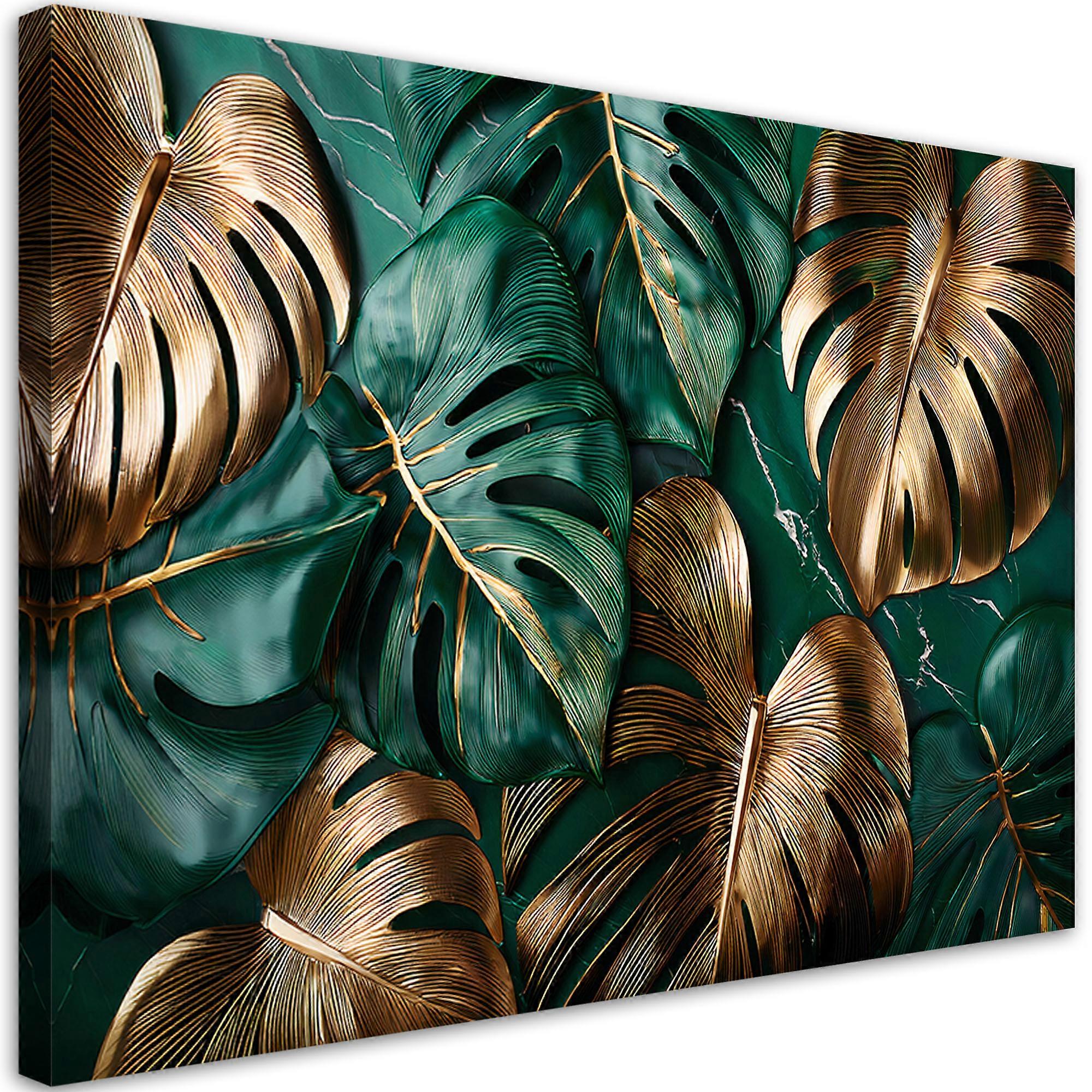 Leinwandbild, Goldgrüne Monstera-Blätter - 60x40