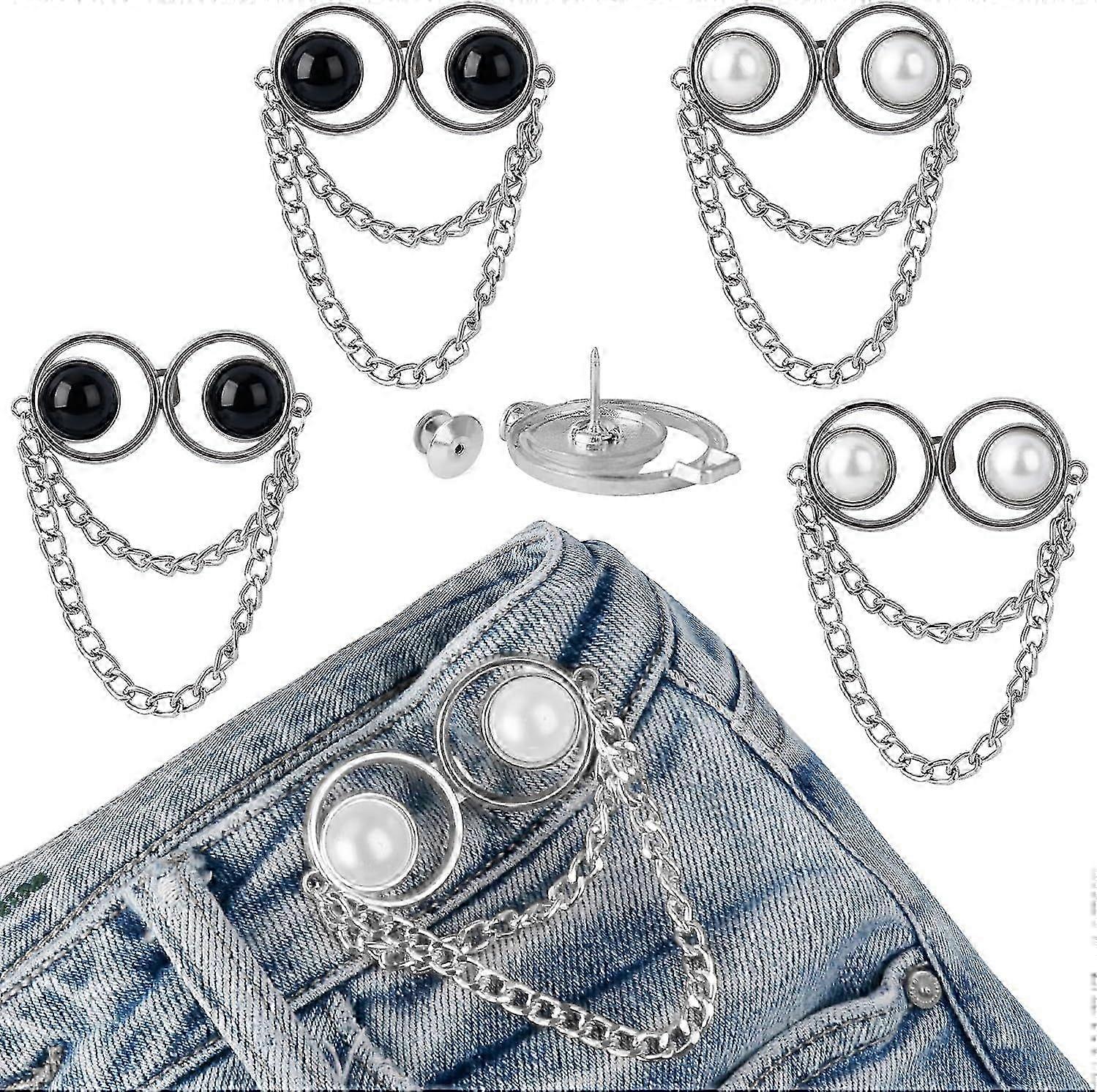 Pearl chain button pins for loose jeans, no sew pant waist tightener adjustable button for jeans to p