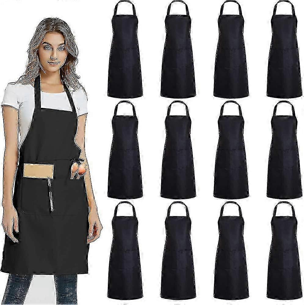 12pcs Plain Bib Aprons With 2 Pockets - Black Unisex Commercial Apron Bulk