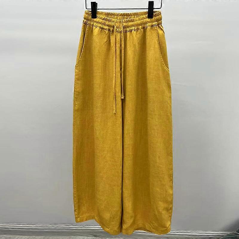 Johnature Women Vintage Straight Pants Elastic Waist Solid Color Trousers Summer Loose Ankle-length Pants