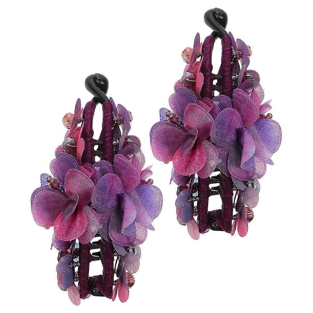Presilha de cabelo em formato de banana com flor, 2 unidades, roxa, em plástico com design vibrante.