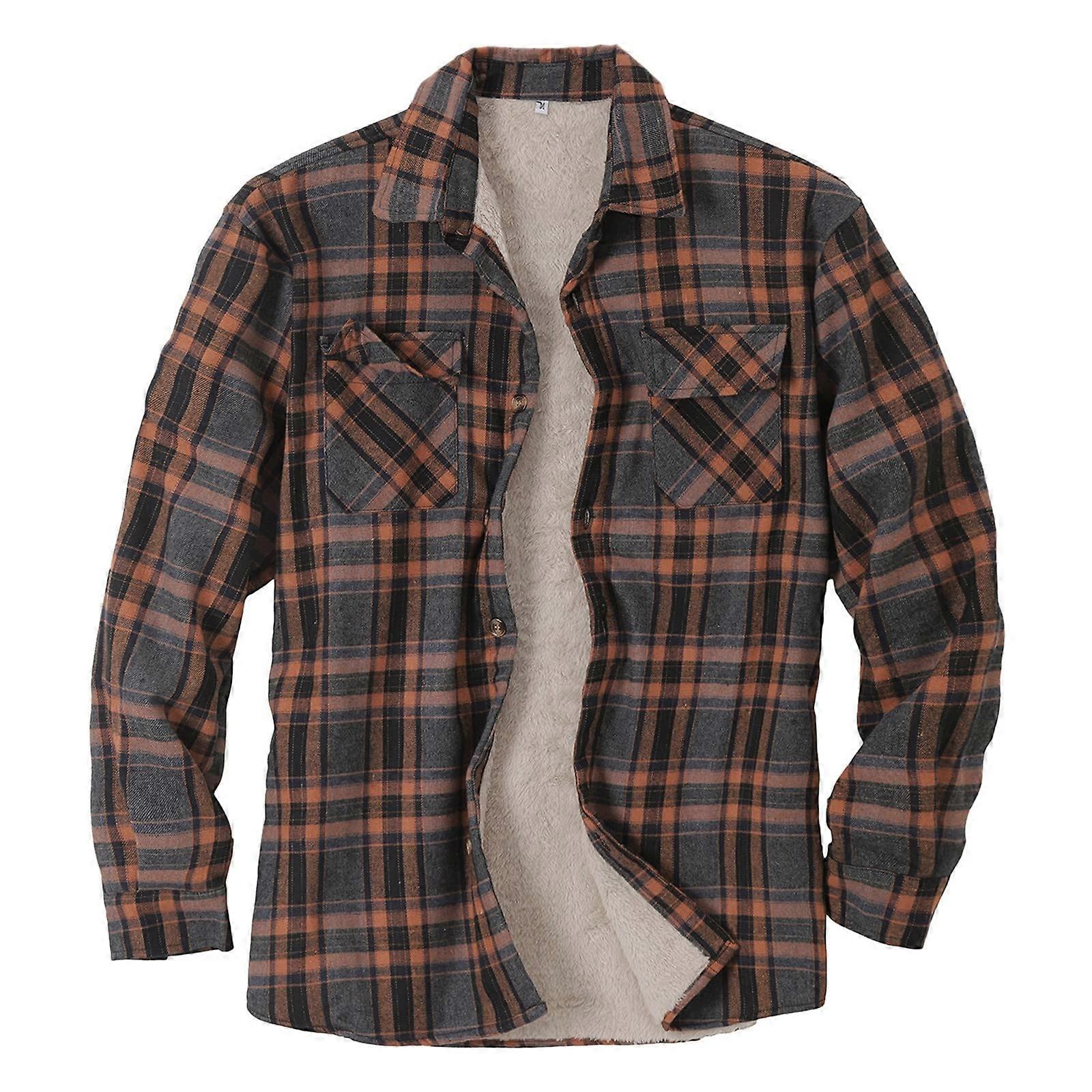 Velvet Winter Jacket For Men, Casual Velvet Jacket, Checked Pattern, Loose Fit, Fleece Lined, With Pockets, Brown XL