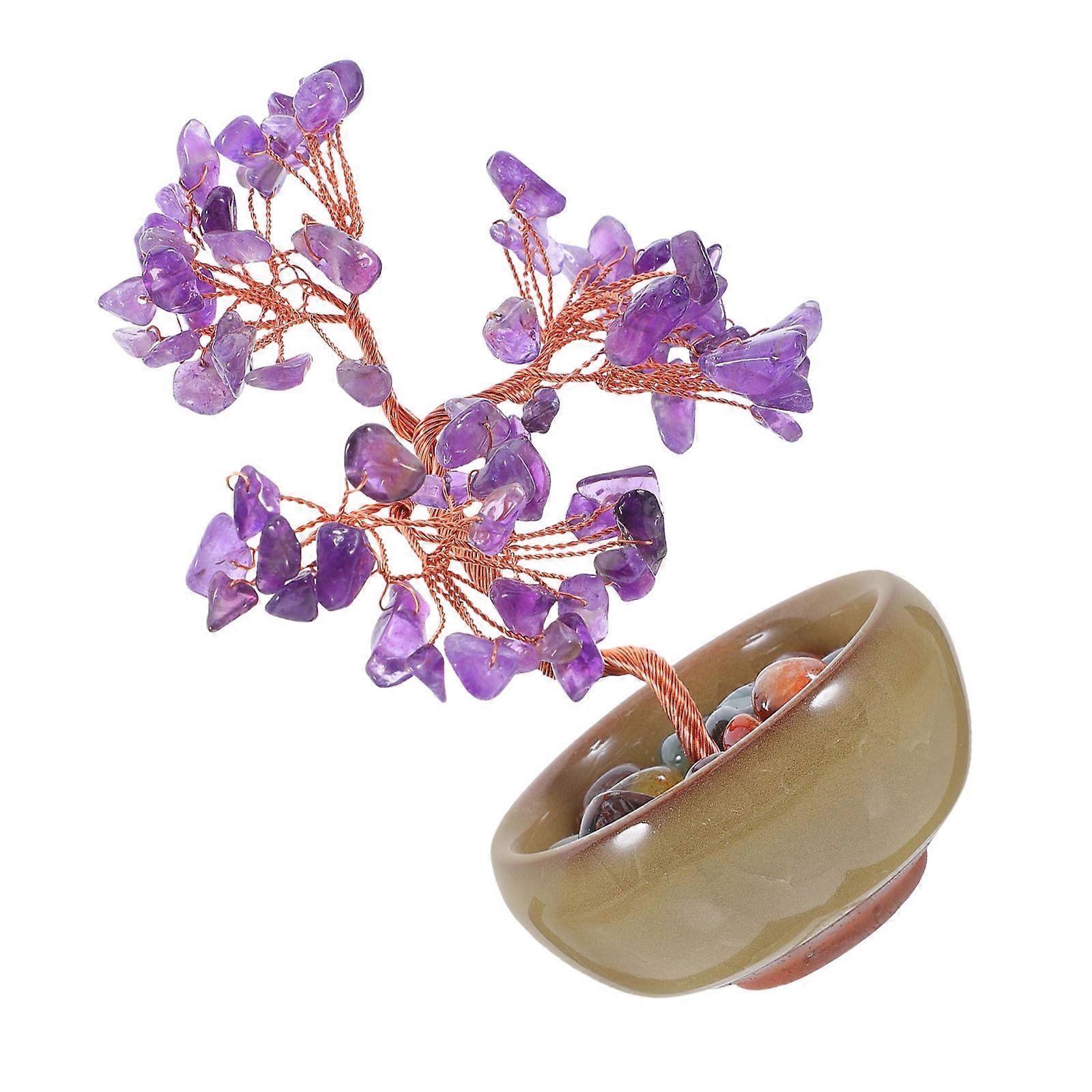 Mini Chakra Tree Stone Ornament Feng Shui Bonsai For Car Decoration Purple 4.7×2.5×2.5in Crystal 1Pcs