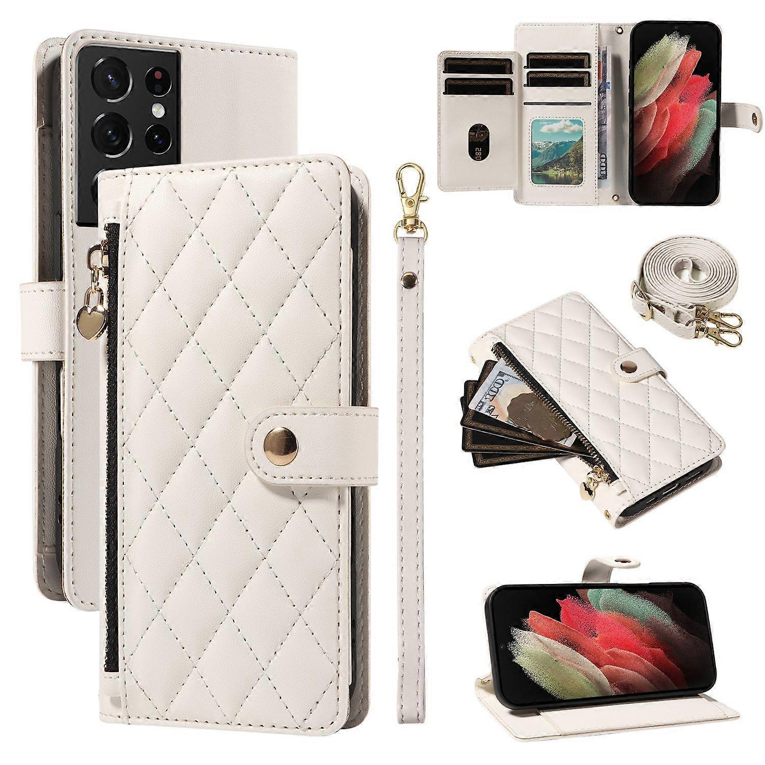 Case for Samsung Galaxy S21 Ultra Shockproof Premium Zipper Pocket Wallet Card Holder Leather Cover with Detachable Wrist and Shoulder Strap Compatibl