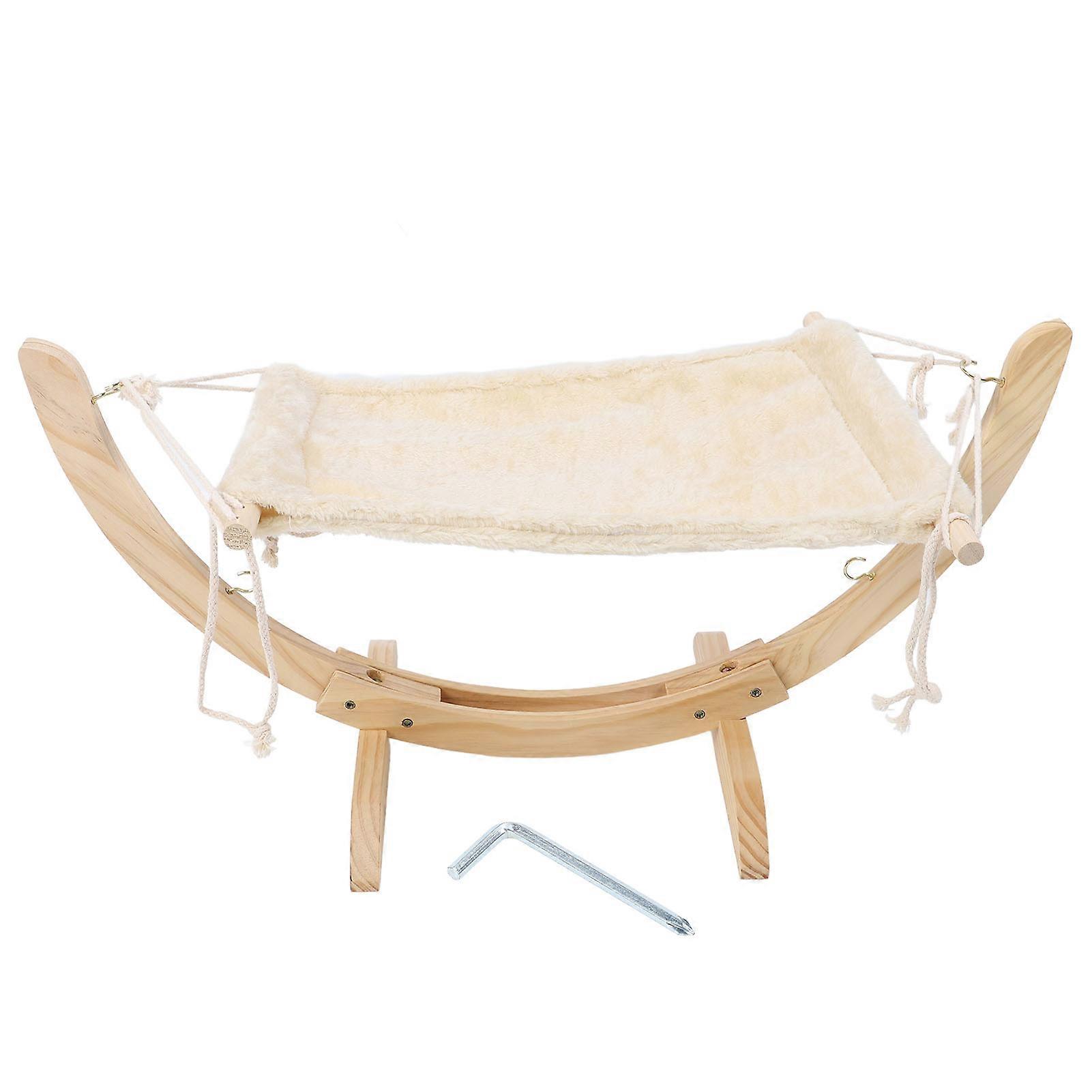 Wooden Cat Hammock Easy Assembly Elevated Pet Hammock Bed Furniture for Kitten Puppy Small Pet Beige Short Plush