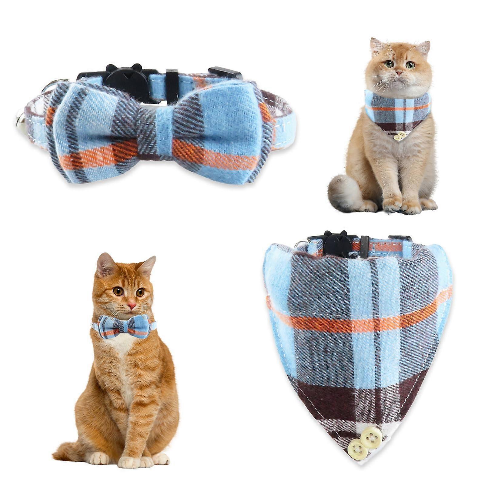 Cat Collar with Bell and Bow Tie, Adjustable Blue Collar for Cats and Small Dogs, Secure Quick Release Safety Design