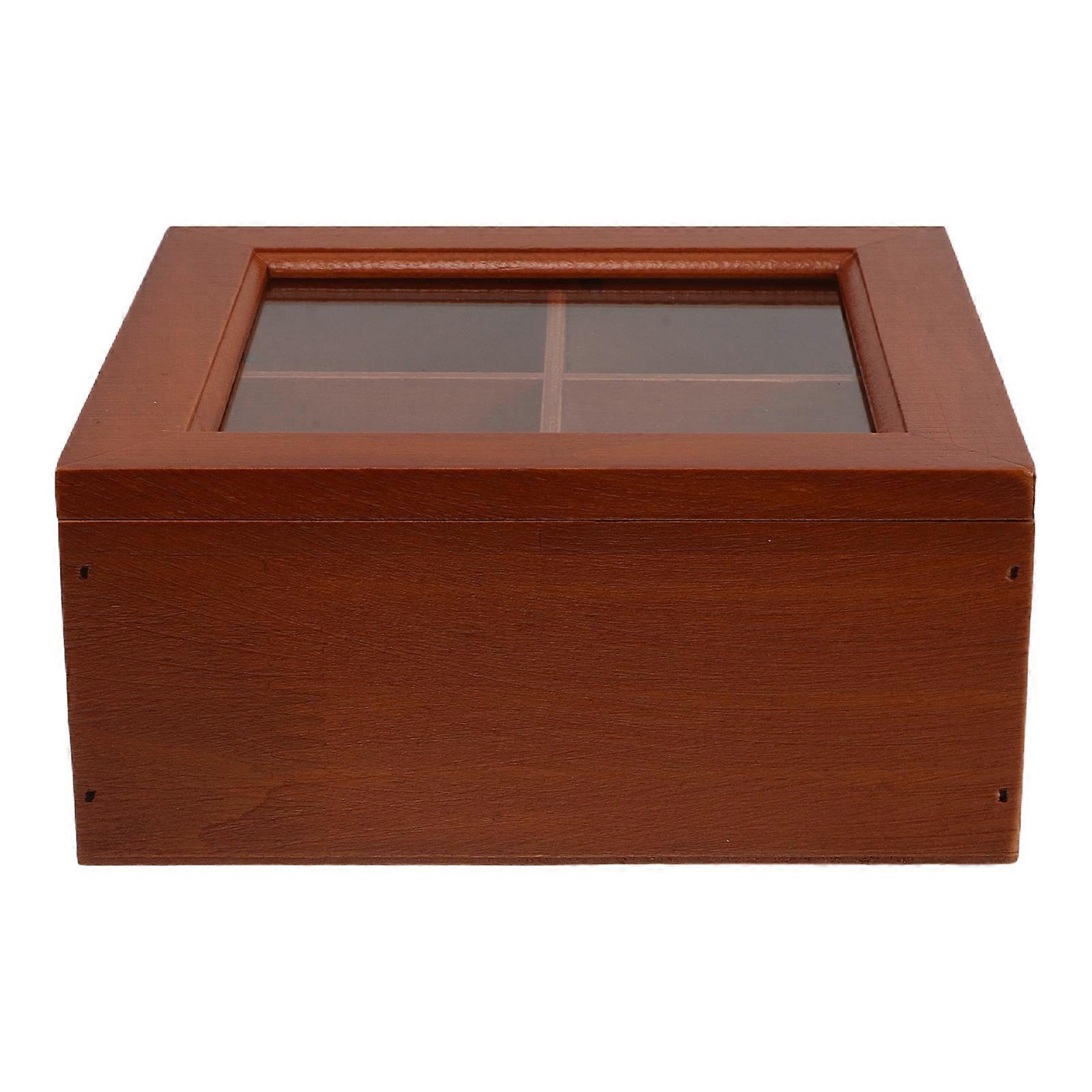 Brown Wood Trinket Box for Storage 2Pcs with Fliptop Glass Lid and Multi-Grid