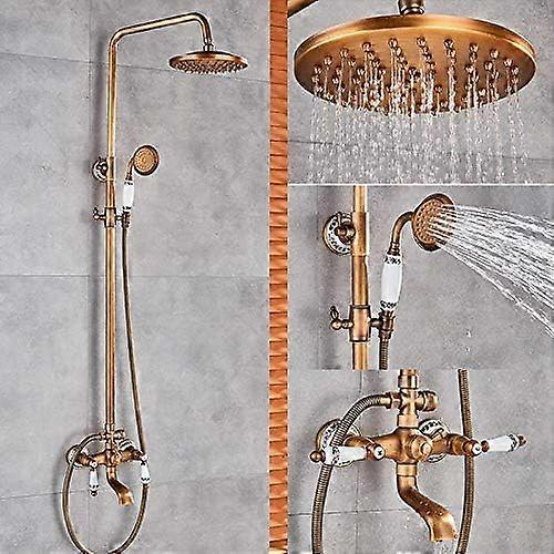Shower Set Wall Mounted Antique Brass 8Inch Round Rainfall Shower Head, Tub Spout, Brass Hand Sprayer, Mixer Tap A,A