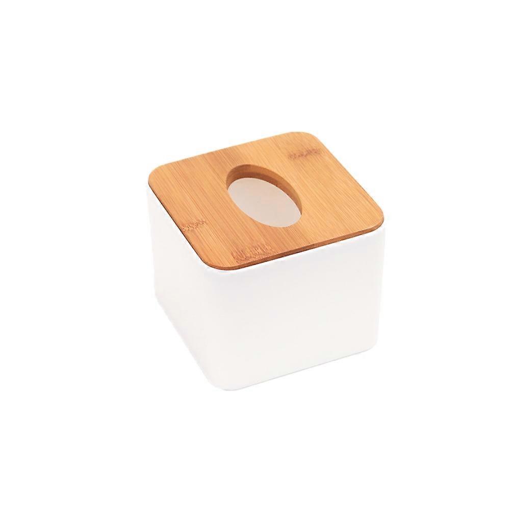 White Plastic Tissue Holder with Bamboo Cover Decorative 4Pcs Set