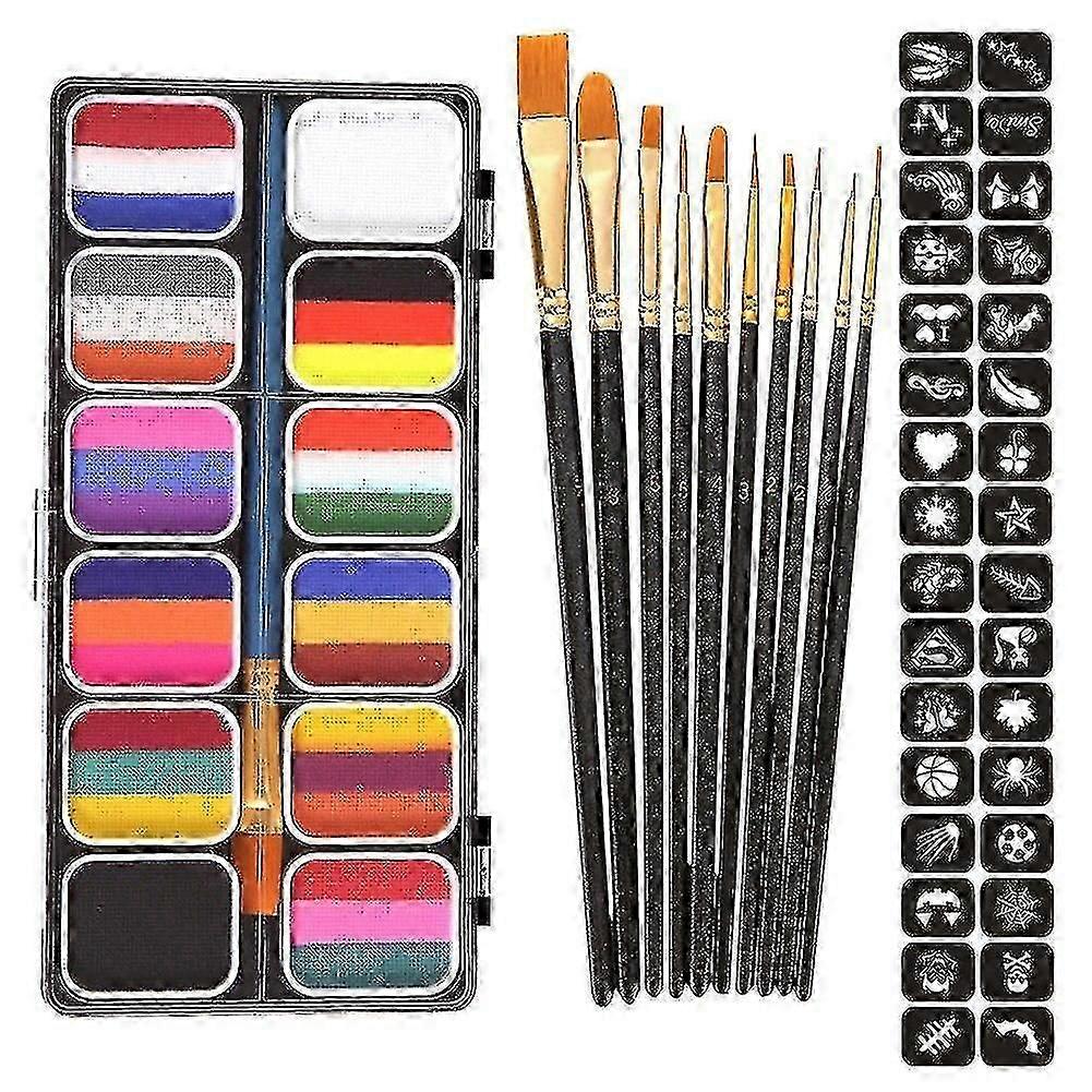 Rainbow Face Paint Kit Colorful Face Body Palette Lasting Makeup Effect With 10 Brushes 4 Sheet Stencils Halloween Themed Party