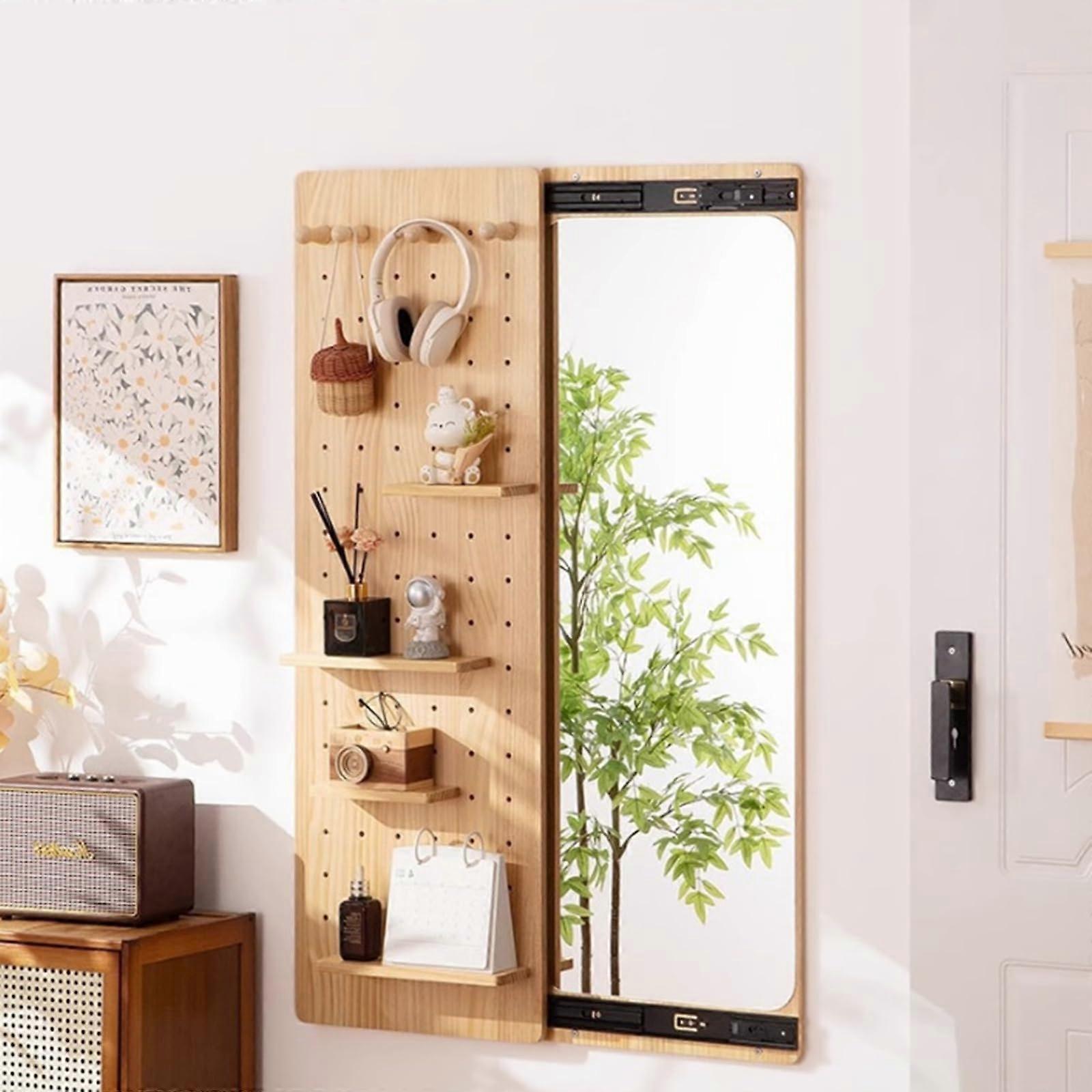Hidden Sliding Full Length Mirror With Shelf And Hooks Wooden Wall Mirror With Holes Storage Board DIY Storage 40cm