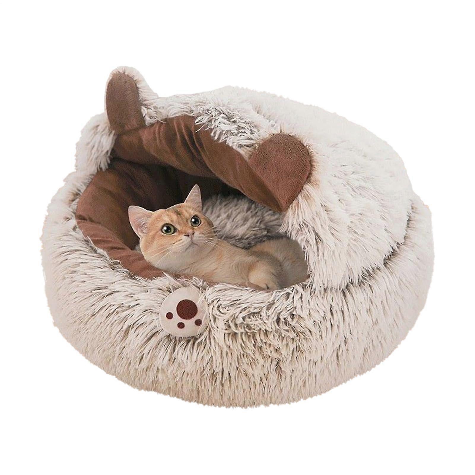 Cat Dome Bed with Soft Cushion, Covered Nest for Small Dogs and Kittens, AntiSlip Base, Brown 40cm