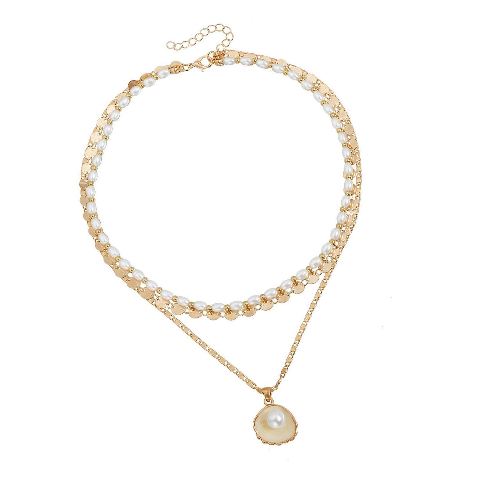 Versatile Geometric Shell Pearls Drop Necklace Adjustable Alloy Collarbone Chain For Creative Styling Expression Multicolor