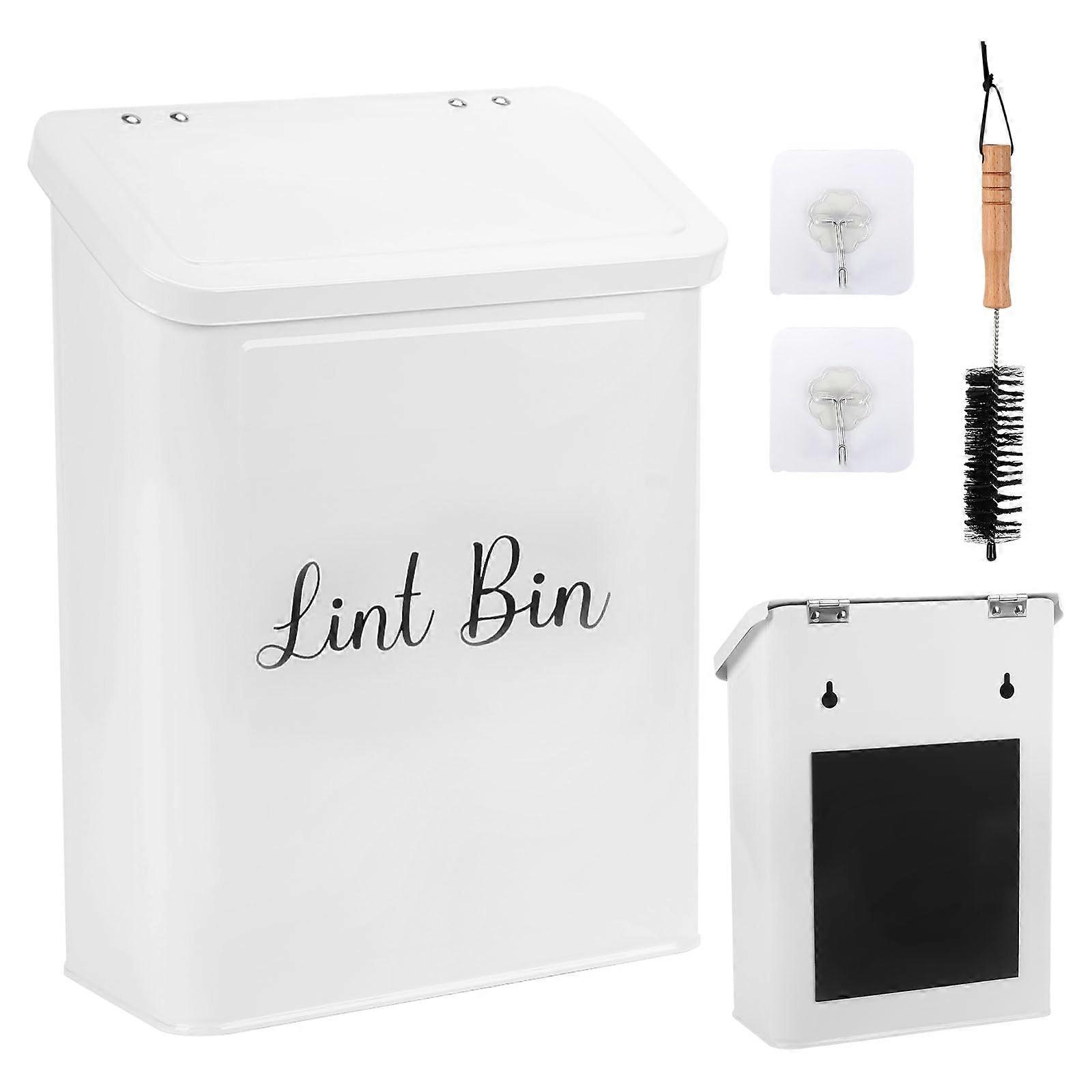 Magnetic Lint Bin for Laundry Room, Metal Wall Mounted Lint Trash Can with Lid and Brush for Dryer