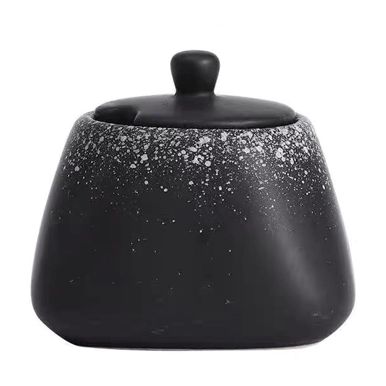 Ceramic Spice Jar with Lid and Spoon, 400ml Vintage Container with NonSlip Base for Salt Sugar