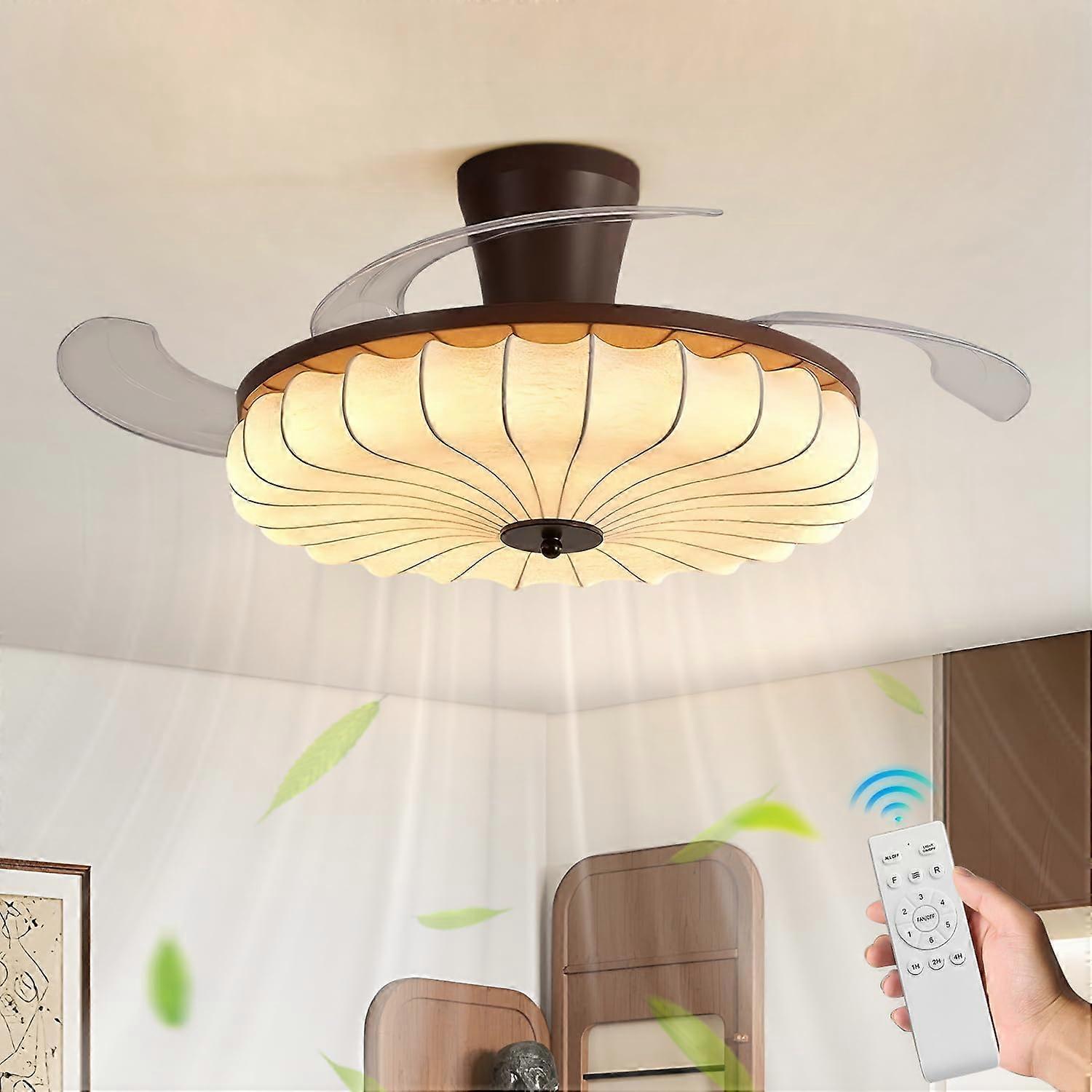 Ceiling Fan with Light, Flush Mount, Retractable Blades, Japanese Silk Lampshade, Remote Control