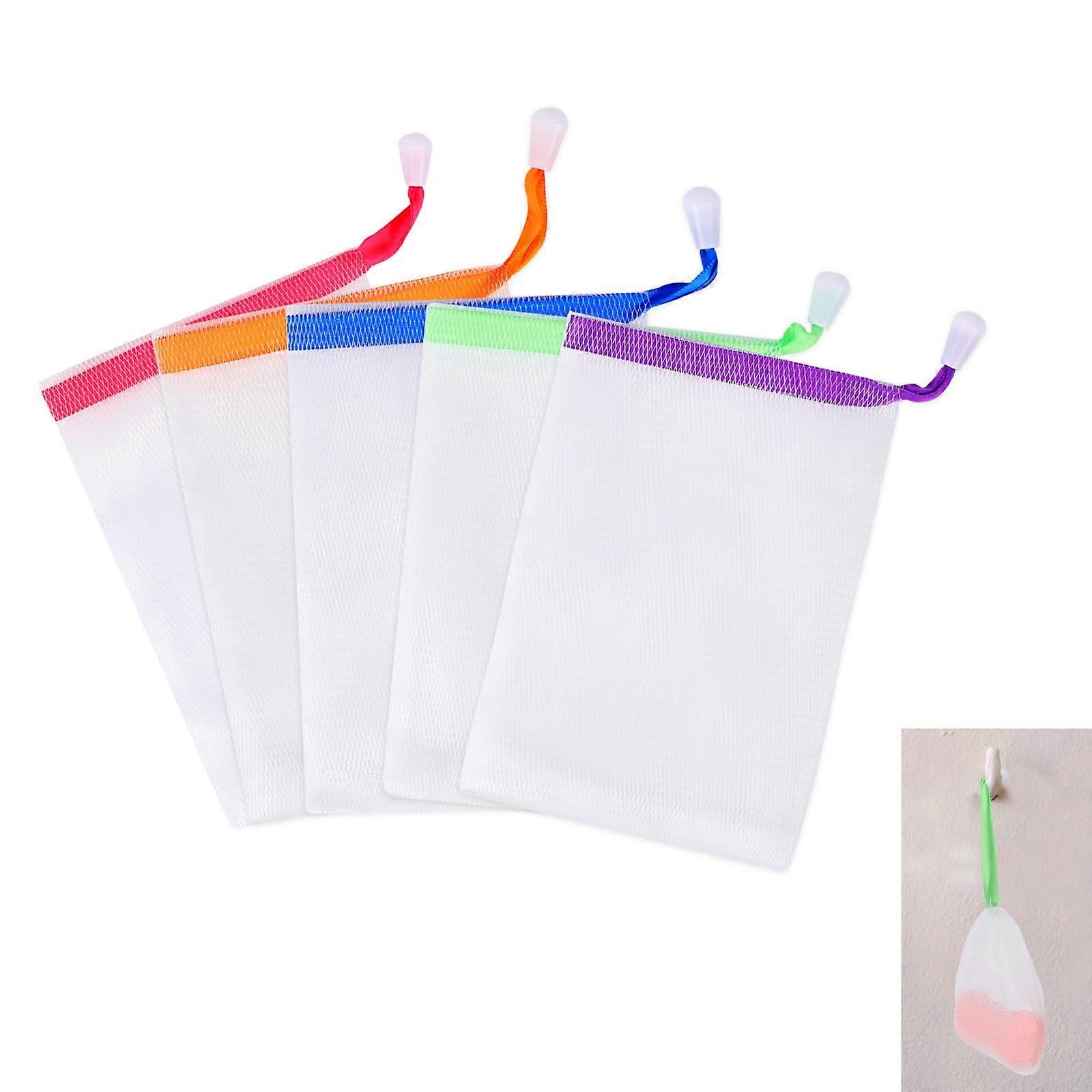 5 PCS Exfoliating Soap Bags with Drawstring, Foaming Mesh Pouch for Bath and Facial Cleansing, Multicolor