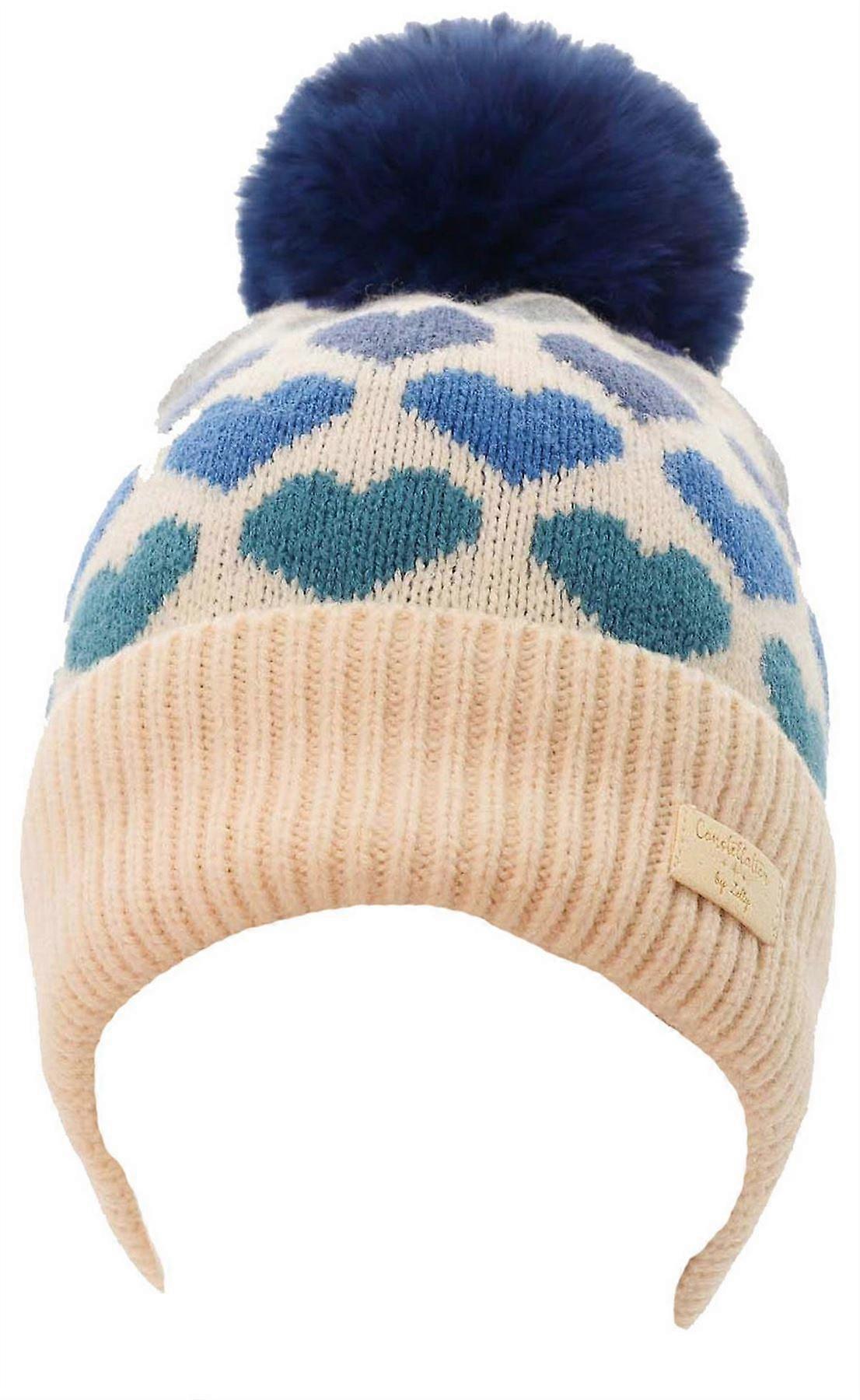 Zelly Hearts Pom Pom Beanie Hat - Cream/Blue
