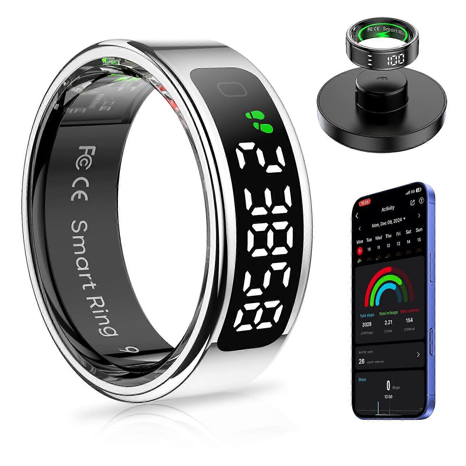 Smart Fitness Ring with LED Touch Display, Bluetooth 5.2, Sleep Tracker, IP68 Waterproof Silver #11