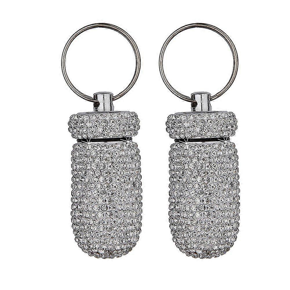 2pcs Medicine Pill Case Box Outdoor Waterproof Rhinestone Keychain Container