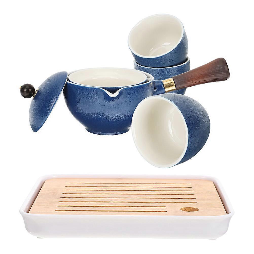Blue Ceramic Side Handle Tea Set for Home Use Including 1Set Rotatory Teapot