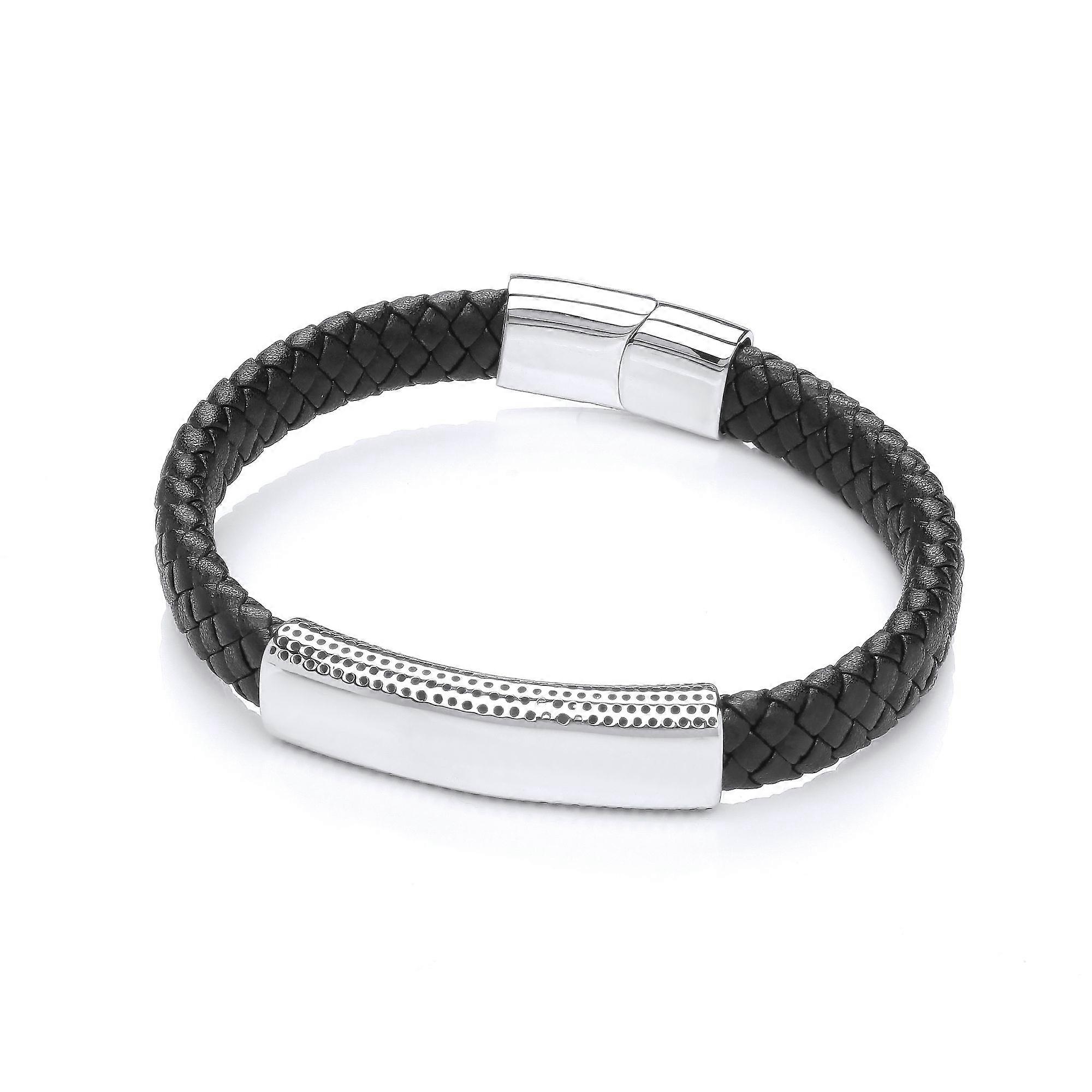 Jewelco London Mens Black Leather Stainless Steel Flat Plain Weave ID Bar Strap Bracelet 8 inch