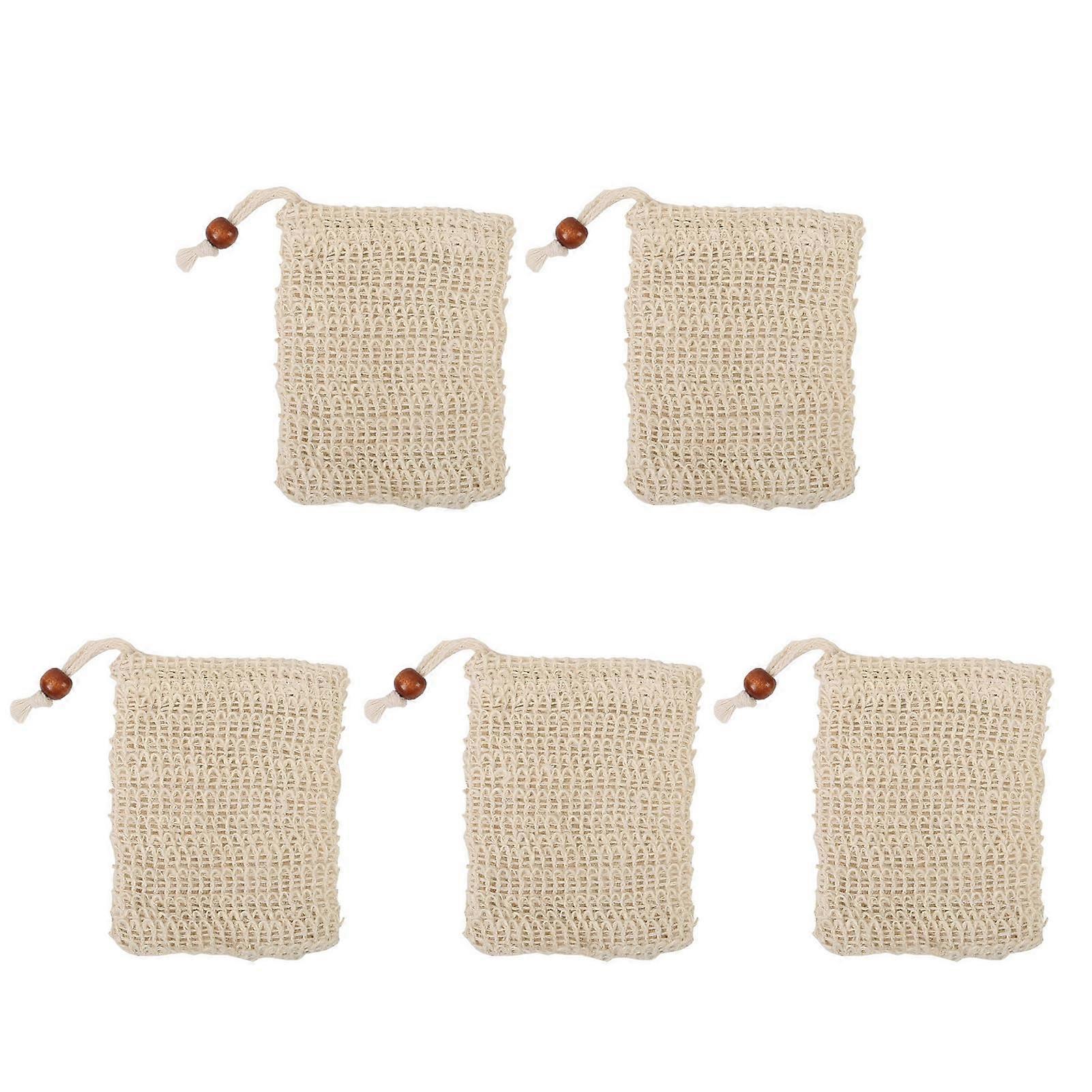 5pcs Natural Sisal Soap Saver Bag with Drawstring, Exfoliating Pouch for Quick Foaming and Drying