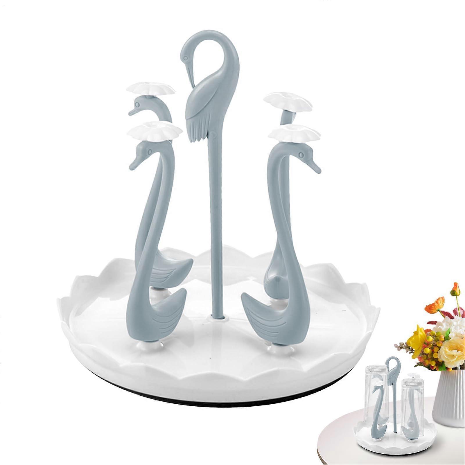 Bottle Drying Rack with Elegant Swan Design, Rotating Tray for Cups and Bottles, Light Blue, 4Cup