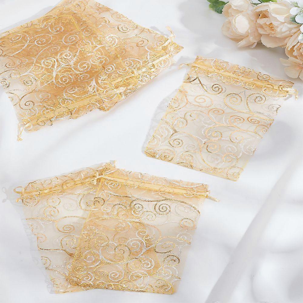 30pcs Printed Organza Packing Drawstring Bags Rectangle golden 15x10x0.09cm