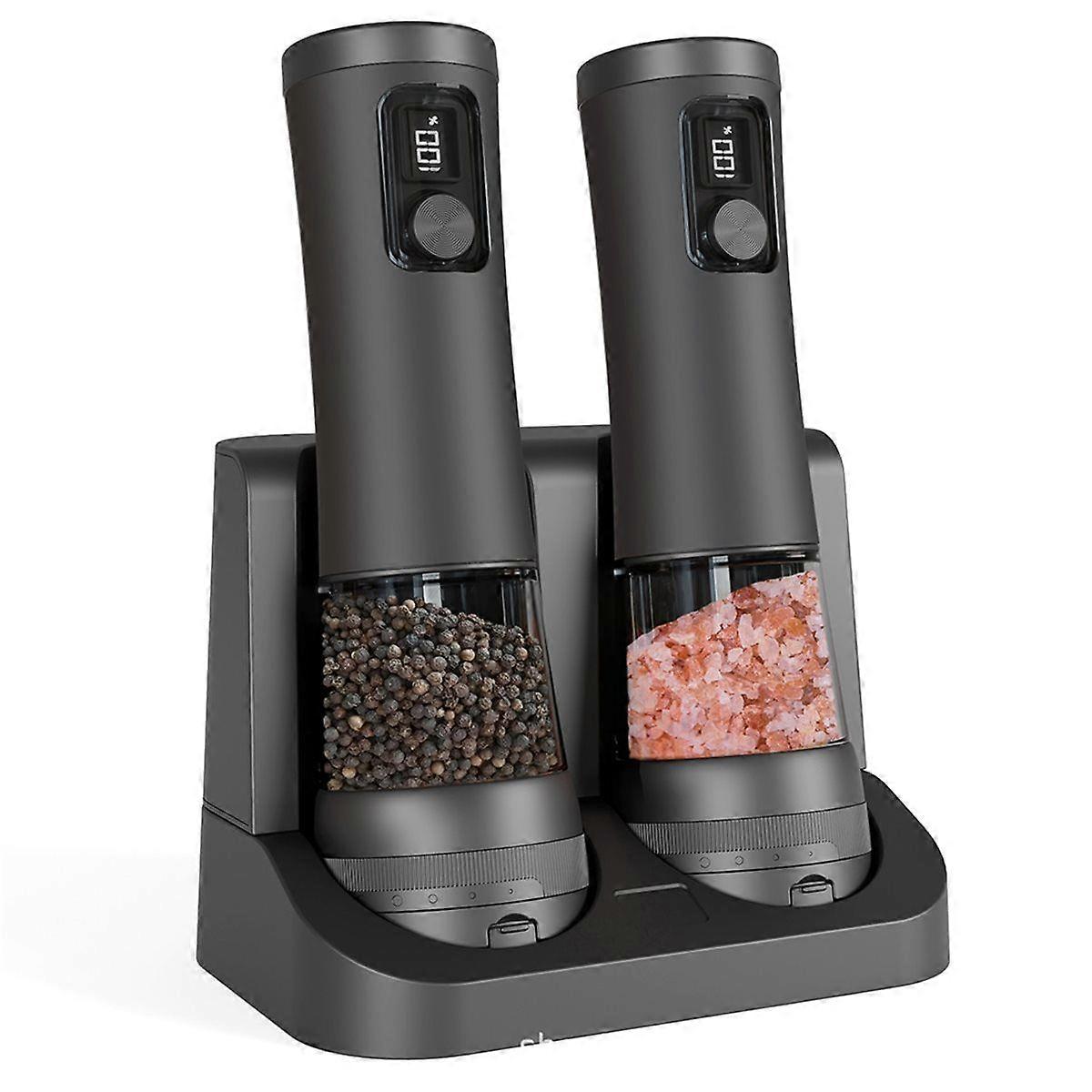Electric Pepper Salt Grinder Set with Rechargeable Base LED Electricity Indicator Adjustable Coarse