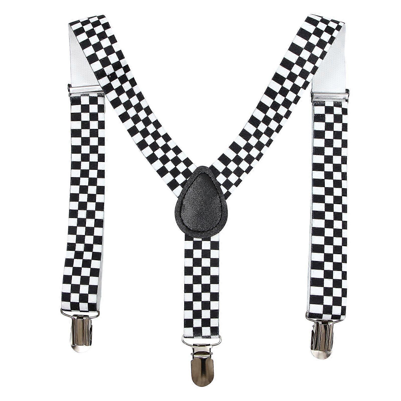 Checkered Clip-on Braces Elastic Y-back Suspender (Black+White)