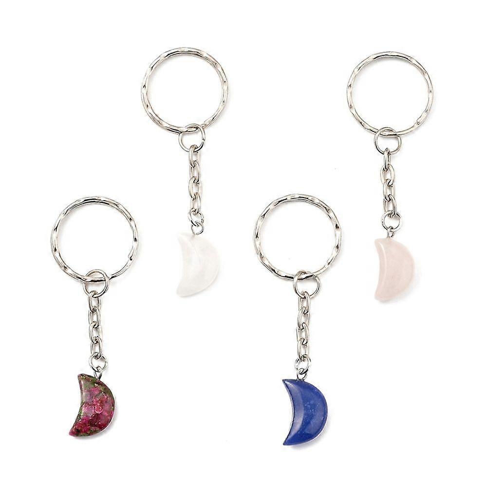 Natural Mixed Gemstone Keychain with Platinum Plated Iron Split Key Rings Moon 71mm