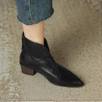 Women Pointy Brown Ankle Boots High Heels Shoes Woman Vintage Chelsea Boots Autumn PU Leather Femme Mid-heel Stubby Ankle Boots