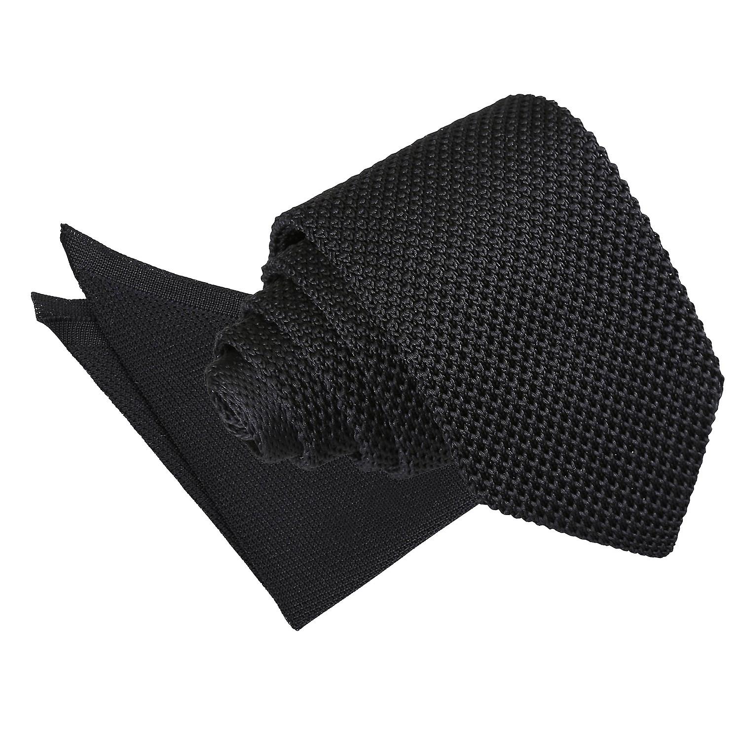 Black Knitted Slim Tie and Pocket Square Set