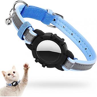 Reflective AirTag Cat Collar, Leather GPS Cat Collar with AirTag Holder and Bell [Blue], Tracker Cat Collars for Girl Boy Cats