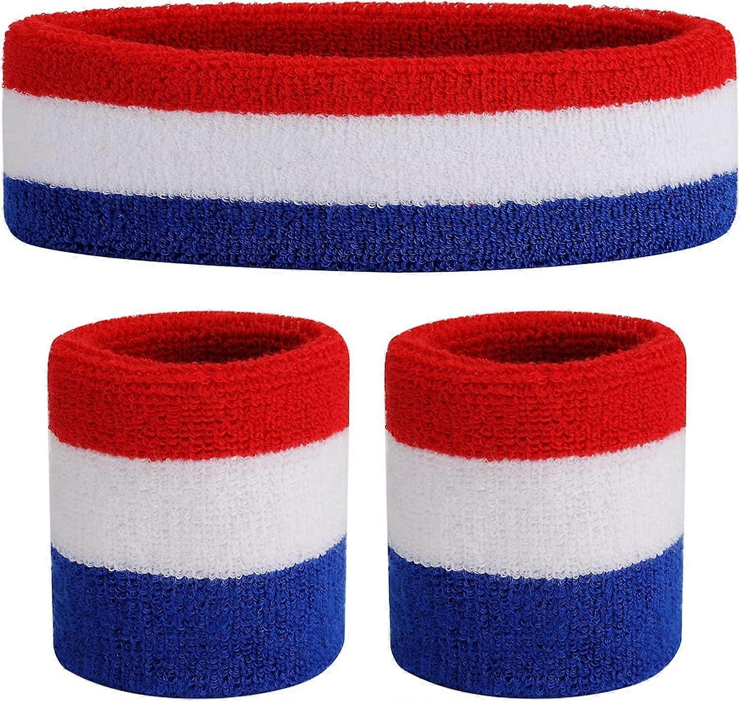 1 Pack Kids Cotton Sports Headband (1 Headband + 2 Wristbands Red/White/Blue)