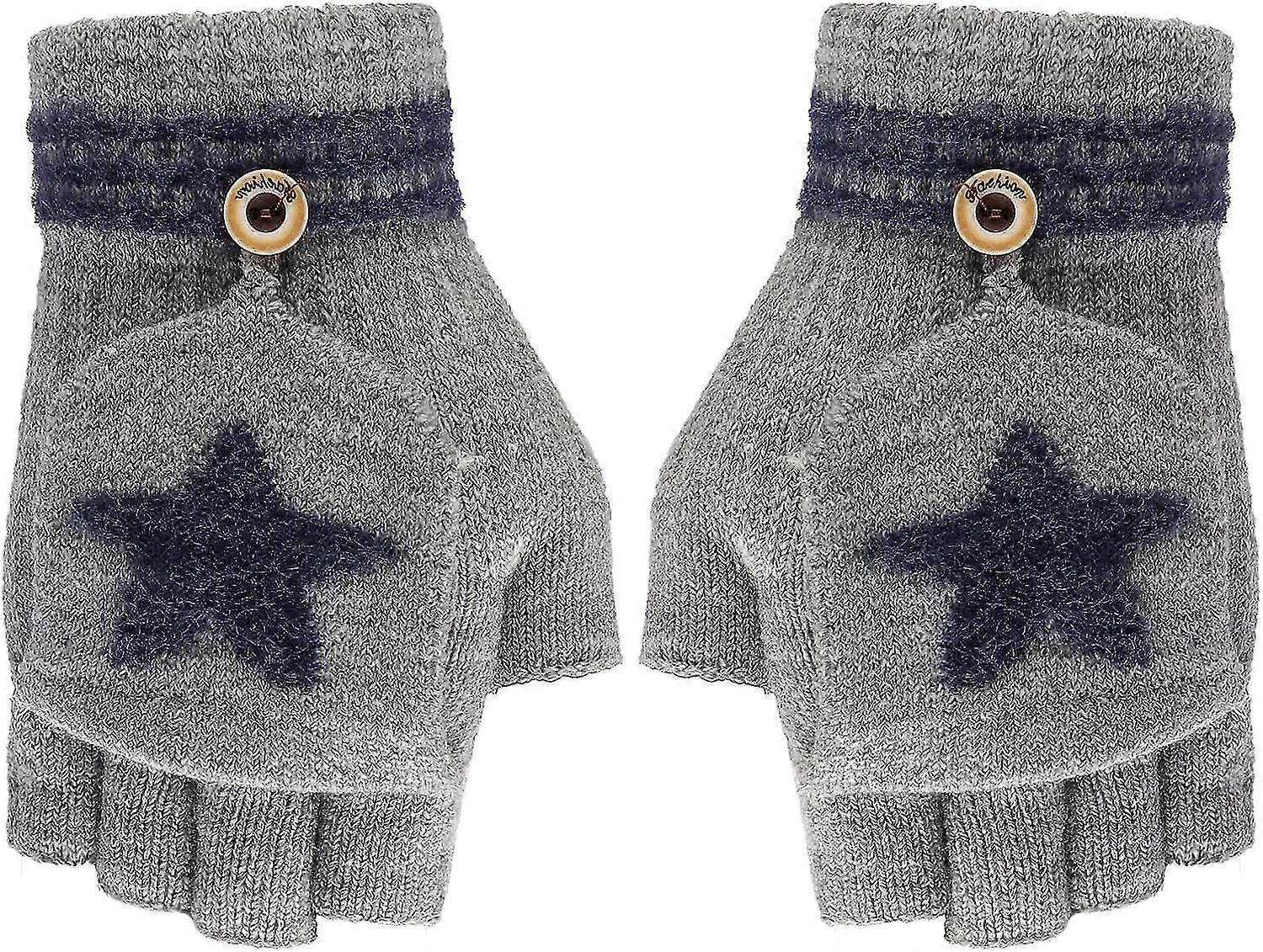 Thermal Fingerless Flip Top Gloves For 5-15 Knitted Half Finger Gloves Mittens Kids Convertible Thick Fleece Lined