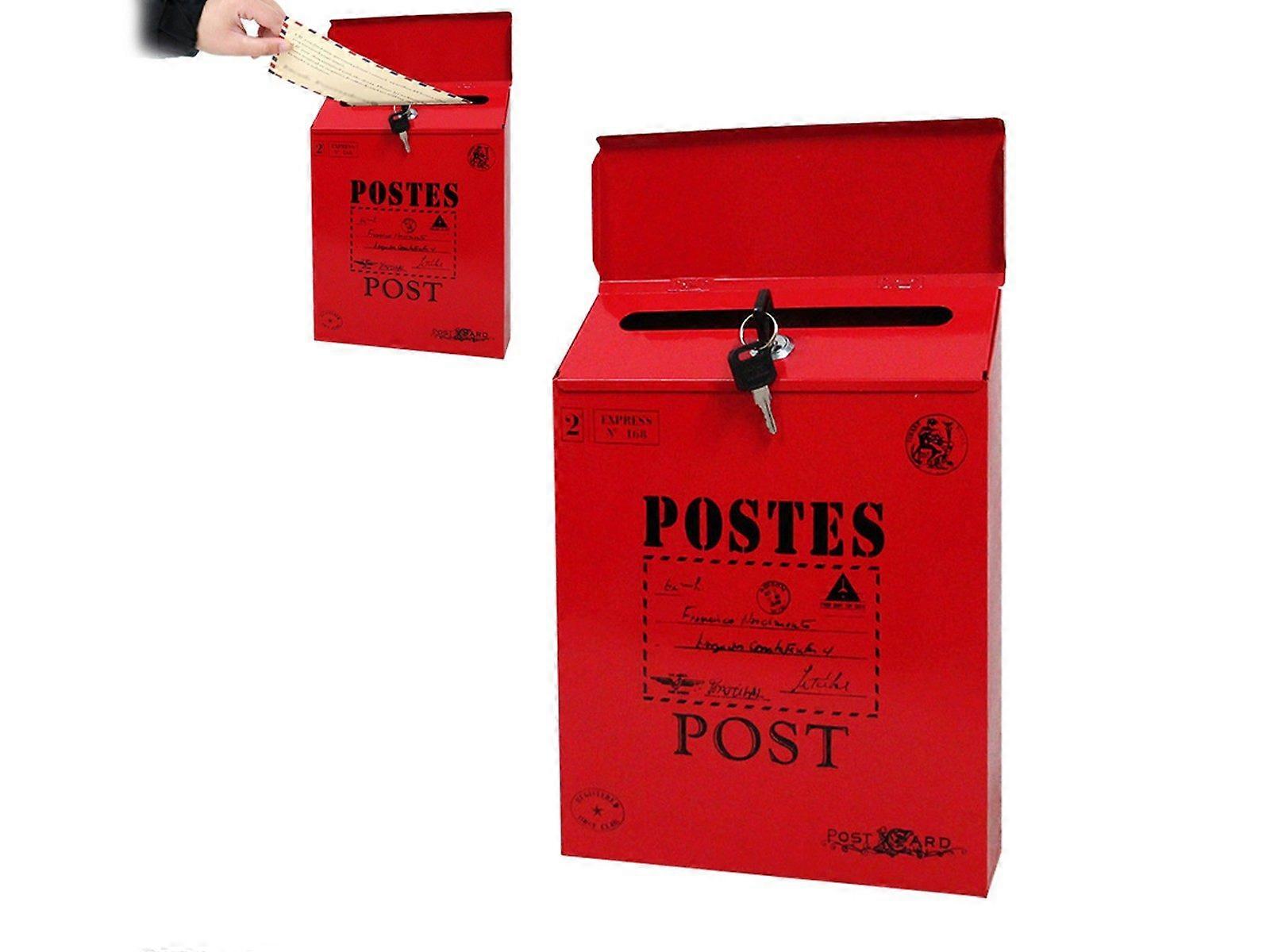 Locking Metal Mailbox Wall Mounted Key Lock Drop Mail Box Pastoral Style - Red