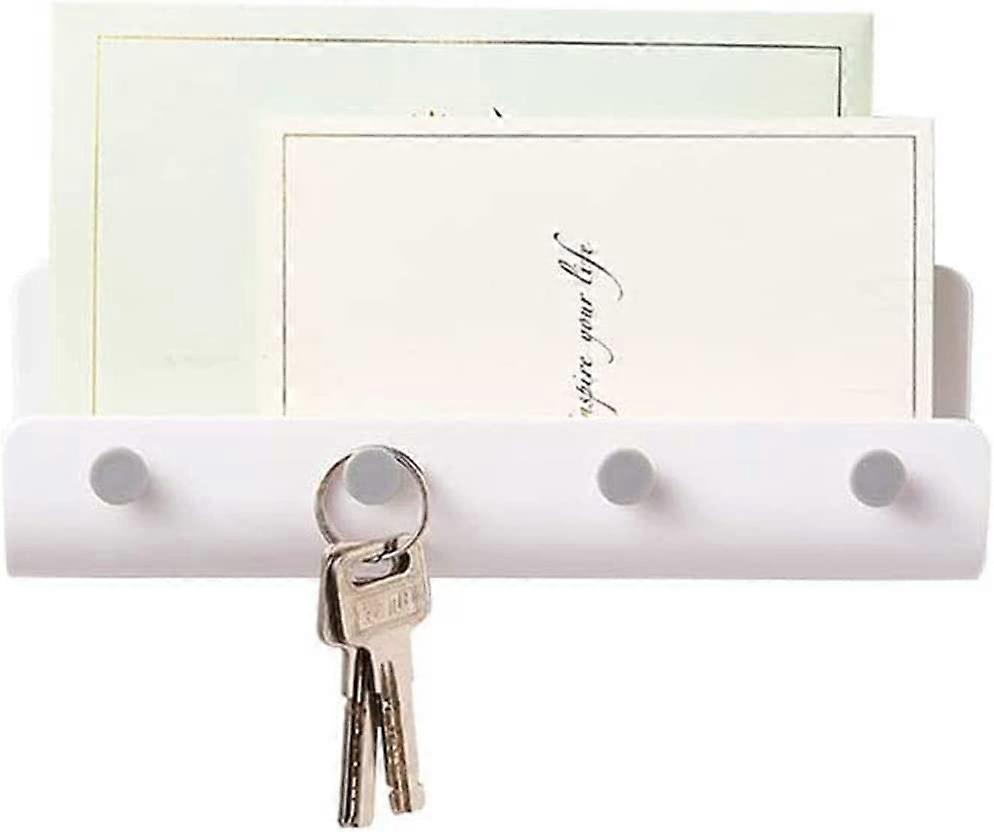 (White) Versatile Mail Wall Rack with 4 Key Hooks, Adhesive Letter Sorter Storage Shelf and Key Hanger for Kitchen, Home, Office Entryway, Porch,2024 