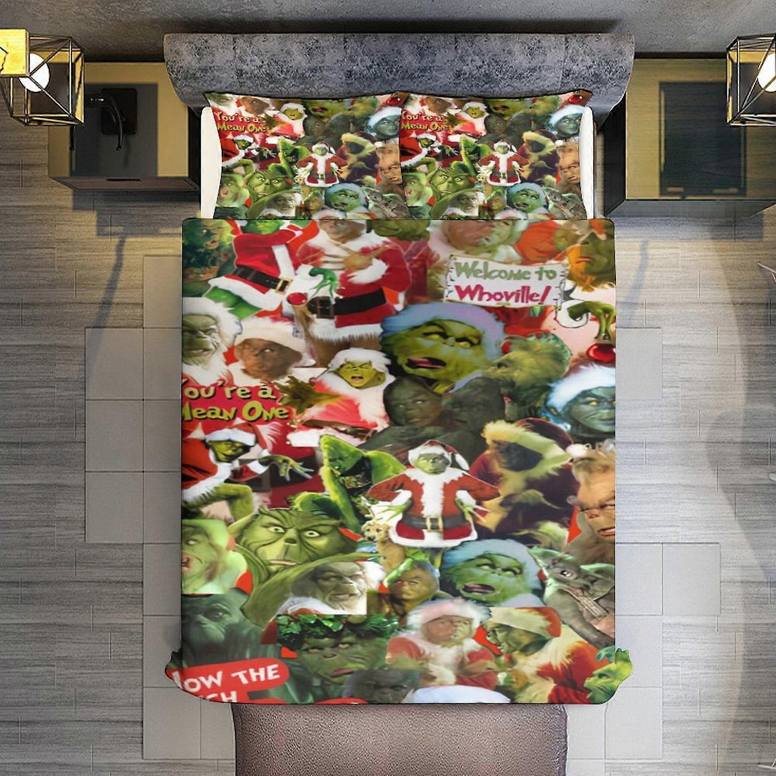 v803 Lakan Sängkläder Täcke Set Queen Size, God Jul Grinchen Set med 2 örngott för alla årstider, sängkläder set 3st för barn pojkar flickor