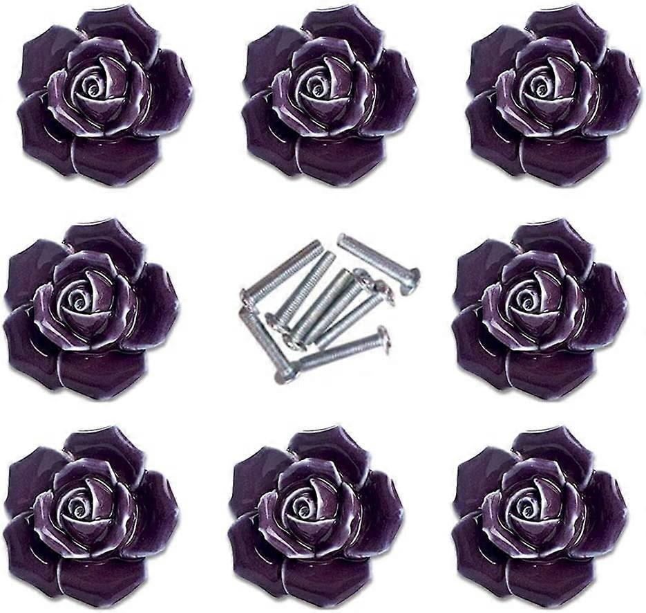 8Pcs Elegant Purple Rose Pulls Flower Ceramic Cabinet Knobs Cupboard Drawer Pull Handles
