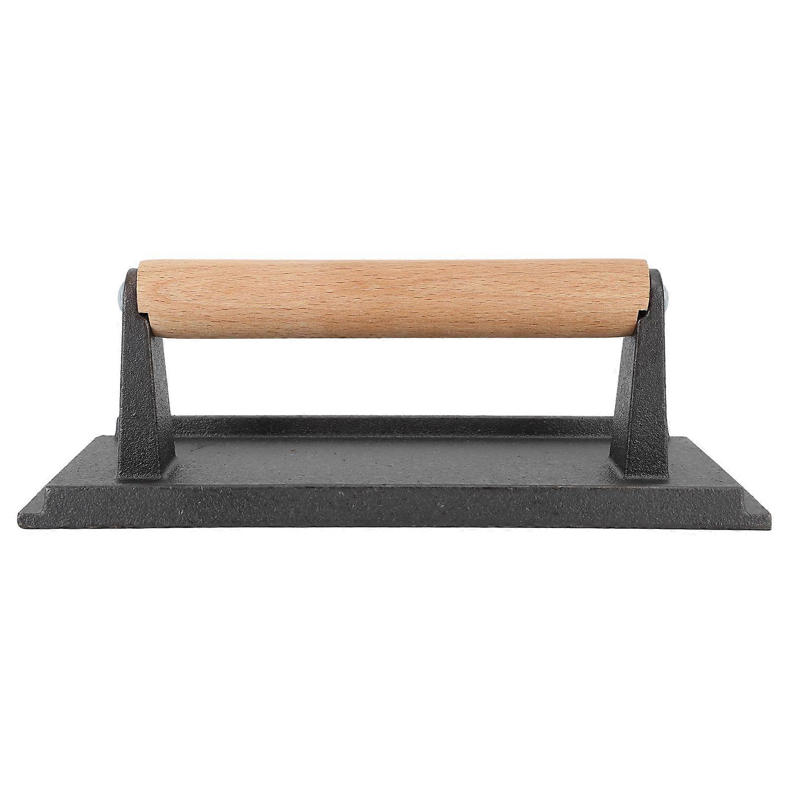 Steak Weight Cast Iron Bacon Press Wood Handle Pattern Bottom Grill Press for Burger Griddle Sandwich BBQ Vegetables Rectangle