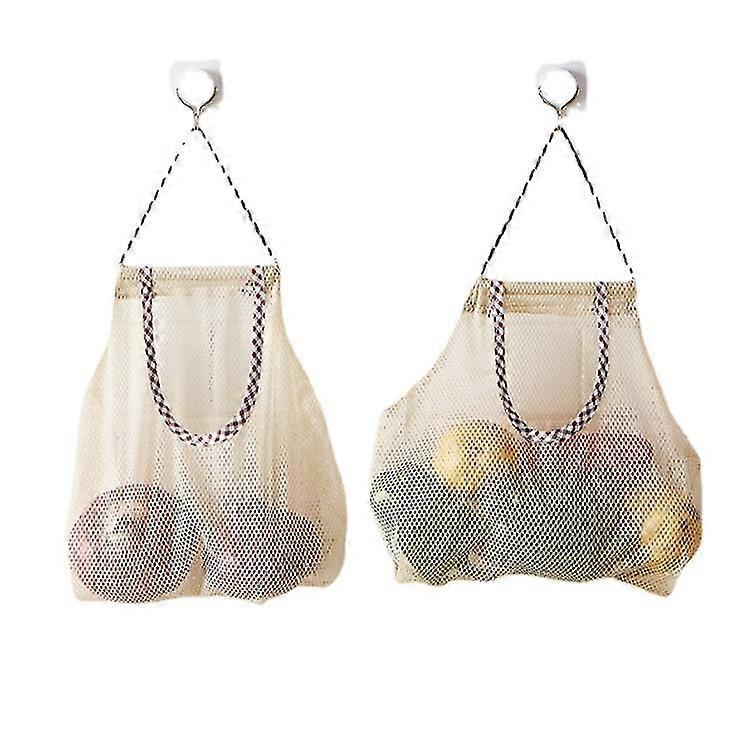 4 Pack Fruit And Vegetable Hanging Mesh Bags For Potatoes, Onions, Peppers, Fruits, Garlic, Beige.