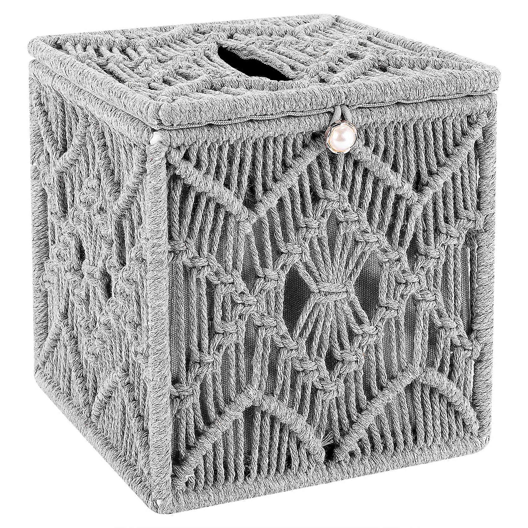 Tissue Box Cover Boho Decor Square Paper Tissue Holder with Bead Buckle Macrame Napkin Tissues Organizer for Home Office