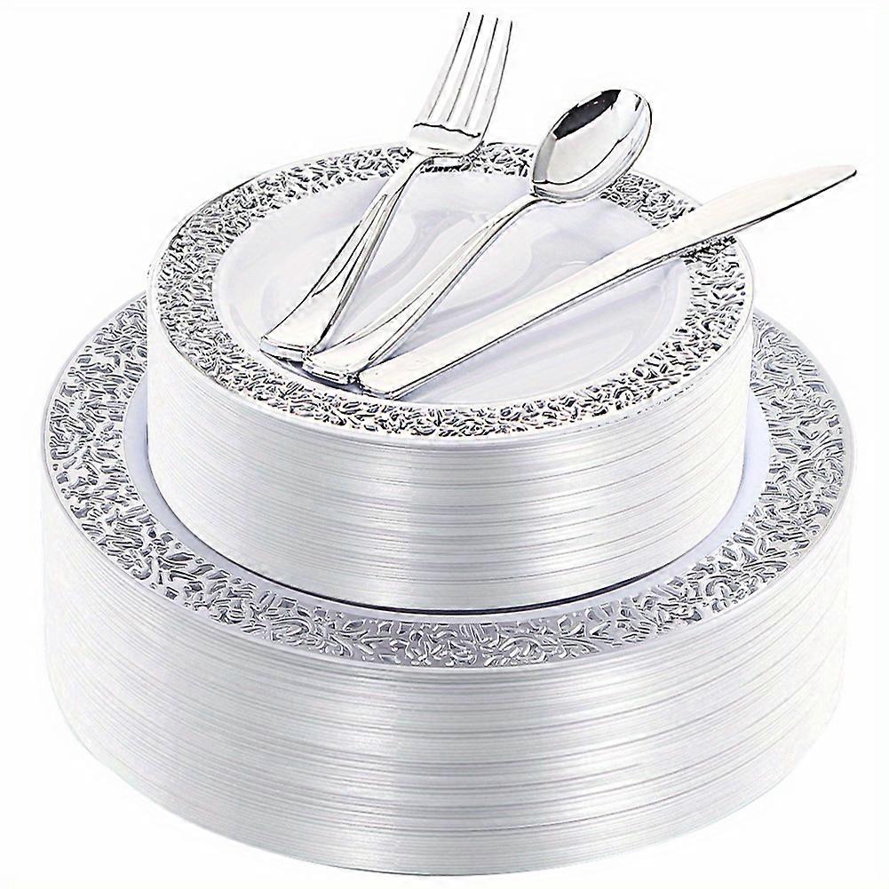 40 pcs Reusable Silvery Plastic Dinnerware Set - Includes 8 Dinner Plates, 8 Salad Plates, 8 Silverware Sets, and White Plates - Perfect for Parties, 