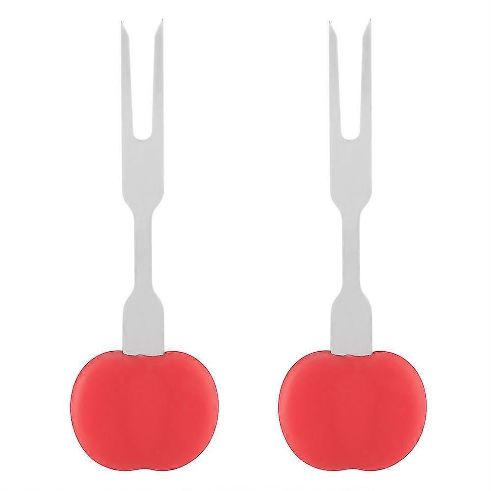 Mini Stainless Steel Silicone Handle BBQ Barbecue Forks Set (Red) - 2PCS
